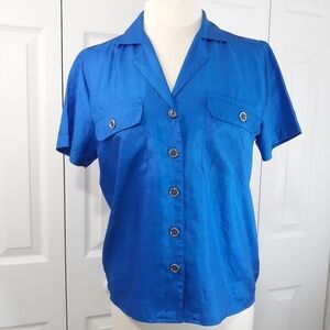 Vintage Laura & Jayne Blouse Button Down Short Sleeves Royal Blue Shirt 10